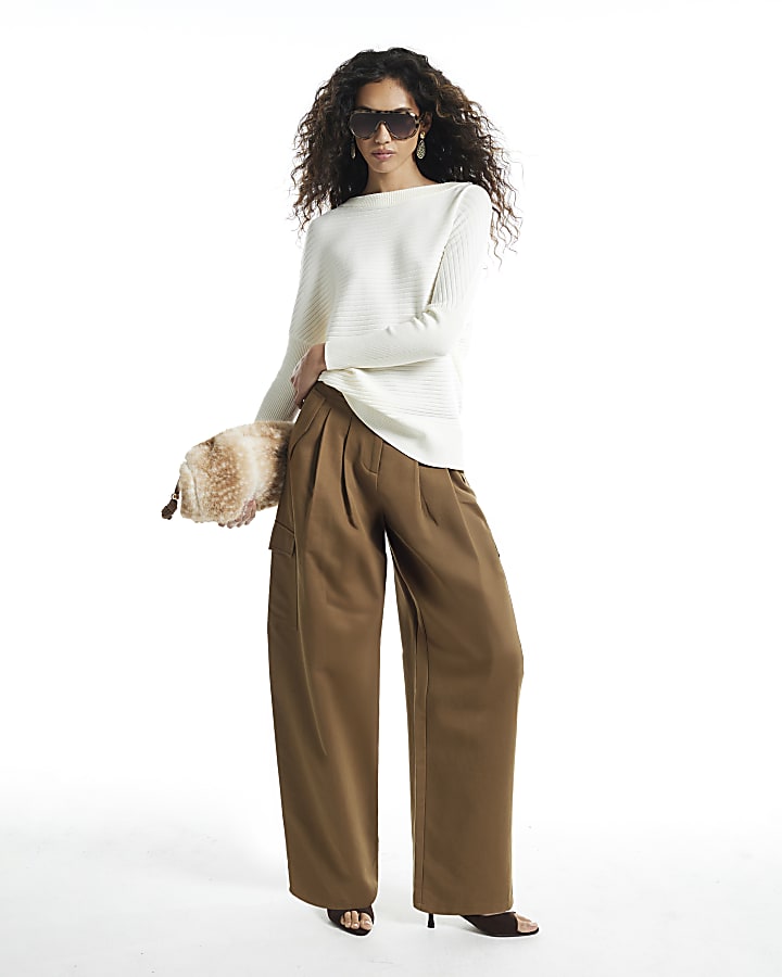 Cream Knit Wide Neck Rib Jumper