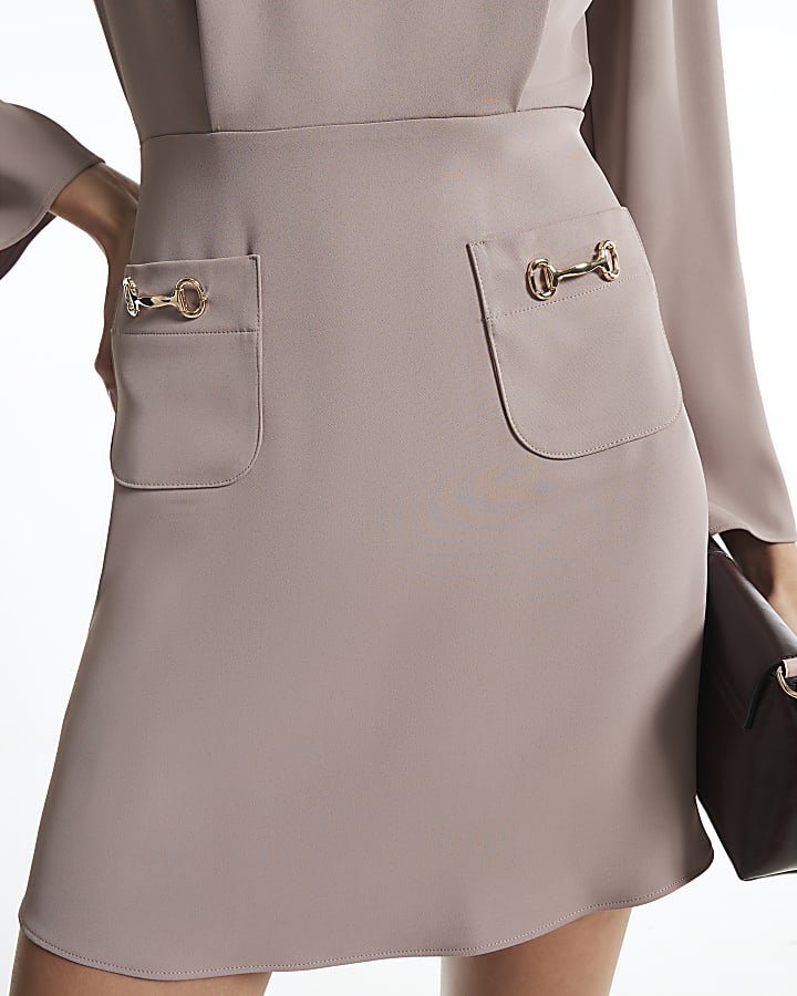 Beige Crepe Snaffle Pocket Mini Dress