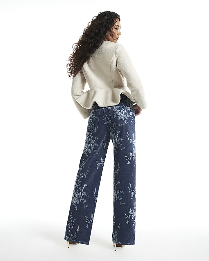 Blue High Waisted Floral Straight Leg Jeans