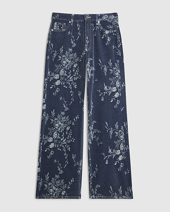 Blue High Waisted Floral Straight Leg Jeans