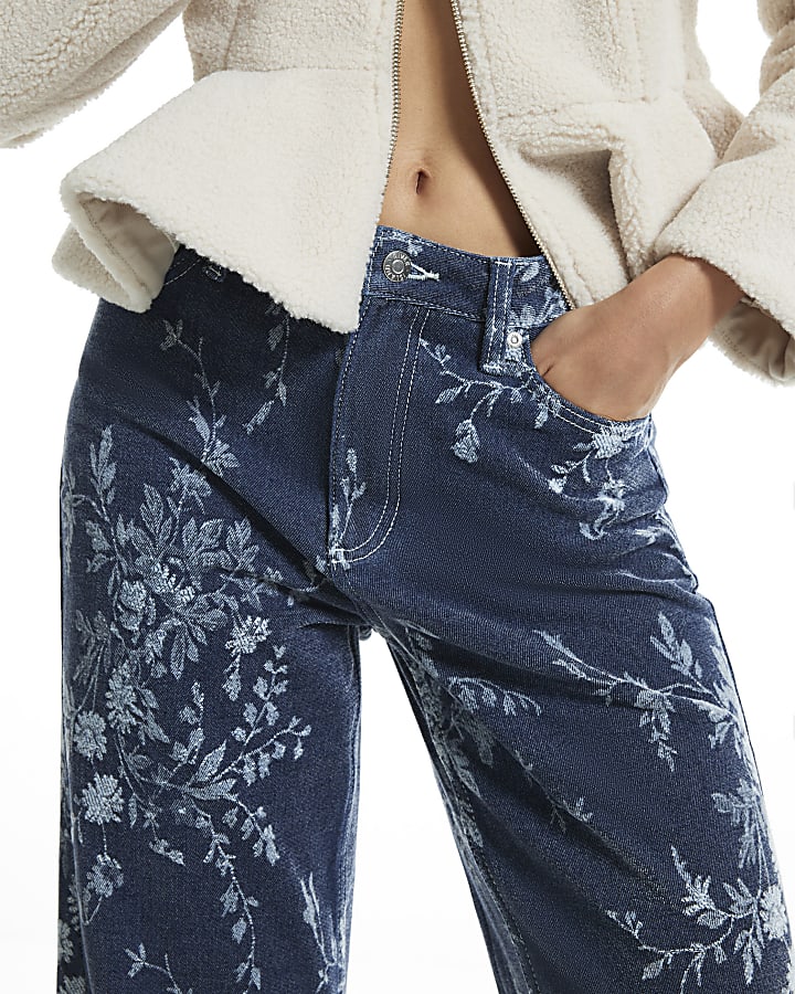 Blue High Waisted Floral Straight Leg Jeans