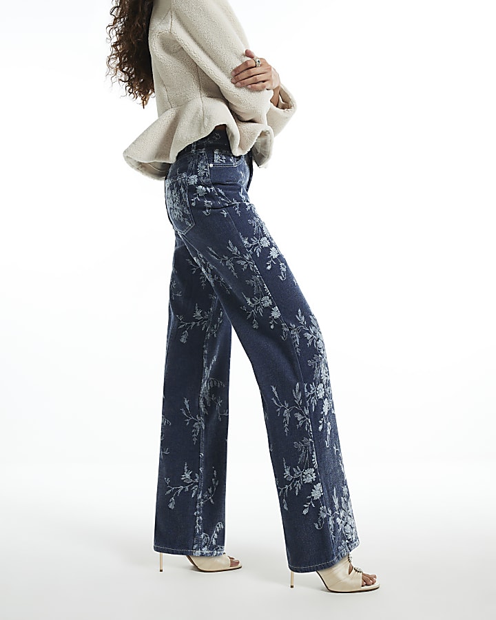 Blue High Waisted Floral Straight Leg Jeans