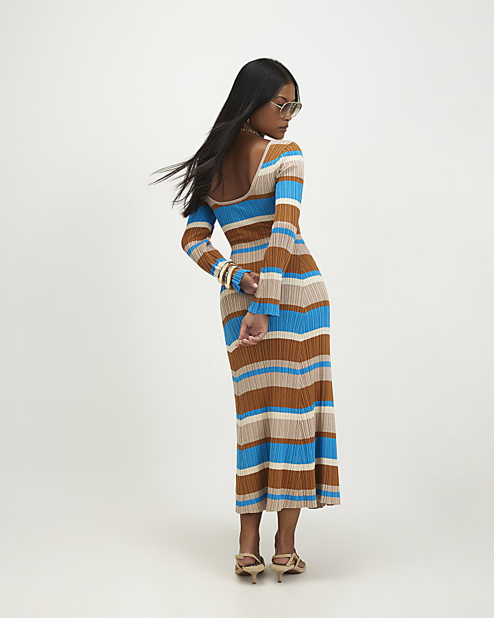 Petite Brown Stripe Long Sleeve Midi Dress