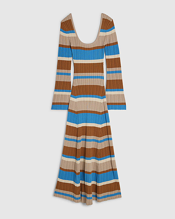Petite Brown Stripe Long Sleeve Midi Dress