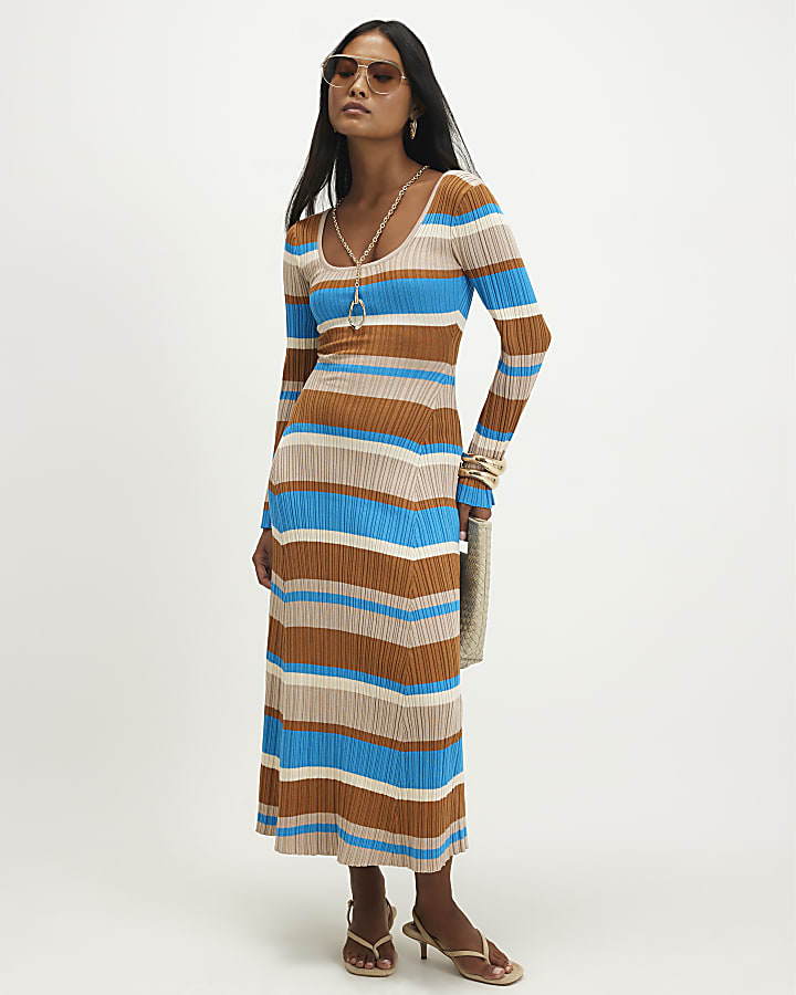Petite Brown Stripe Long Sleeve Midi Dress