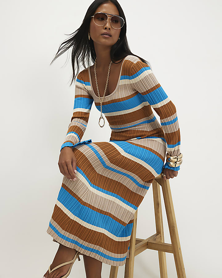 Petite Brown Stripe Long Sleeve Midi Dress