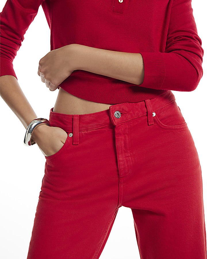 Red 90s Mid Rise Slim Straight Leg Jeans
