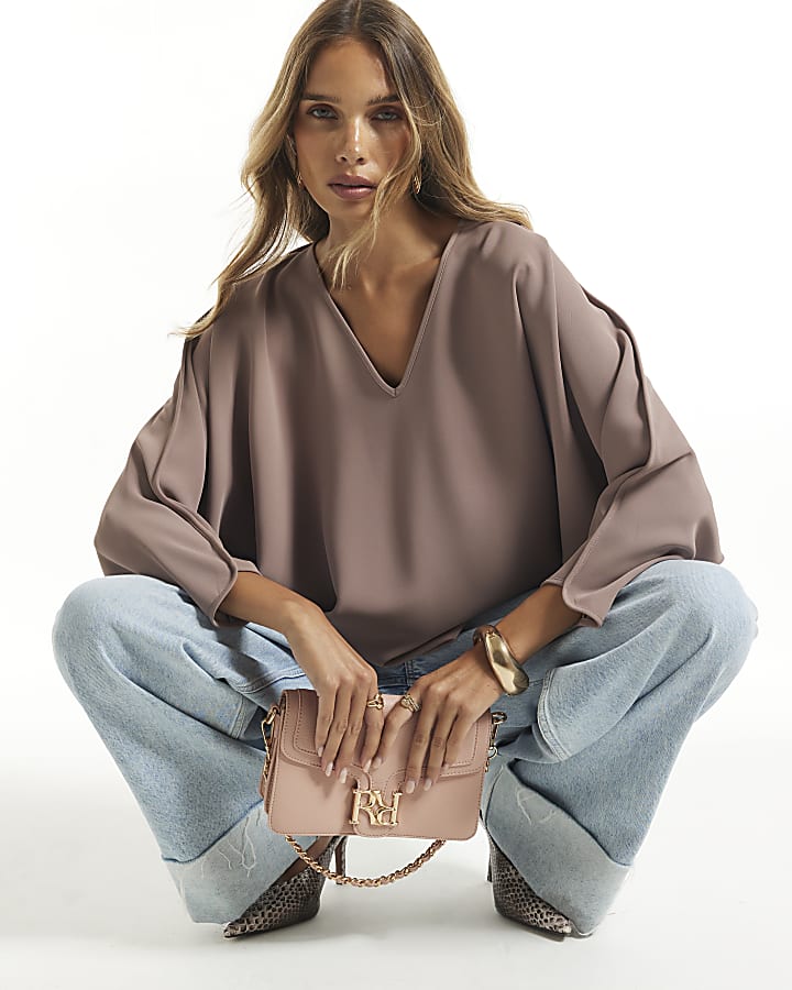 Brown V Neck Batwing Top