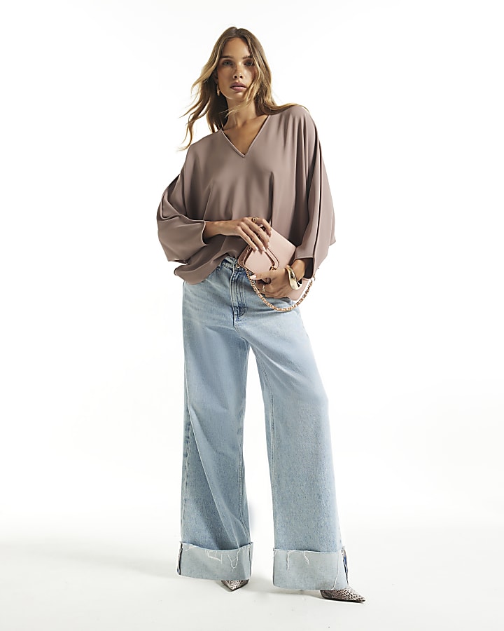 Brown V Neck Batwing Top