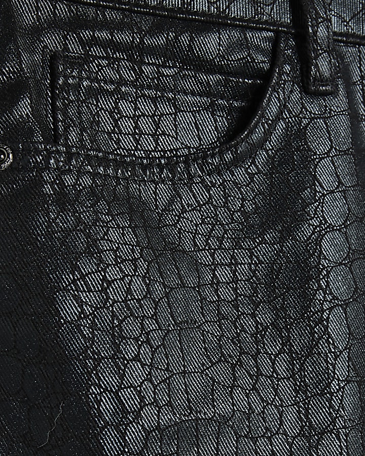 Black Croc Print Mid Rise Barrel Leg Jeans