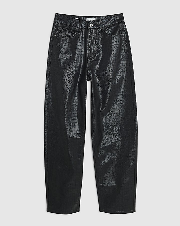 Black Croc Print Mid Rise Barrel Leg Jeans