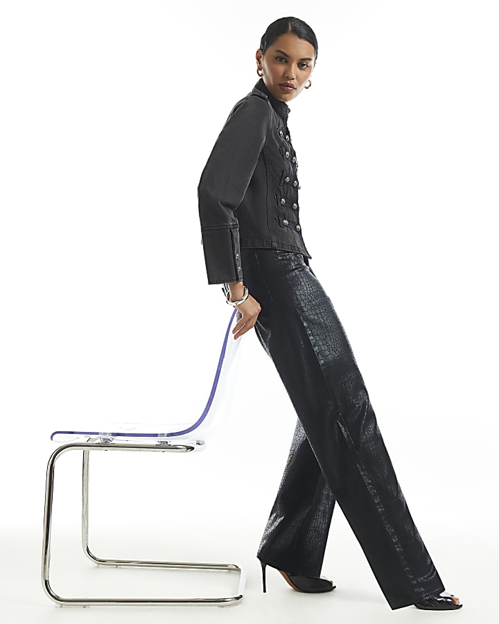 Black Croc Print Mid Rise Barrel Leg Jeans