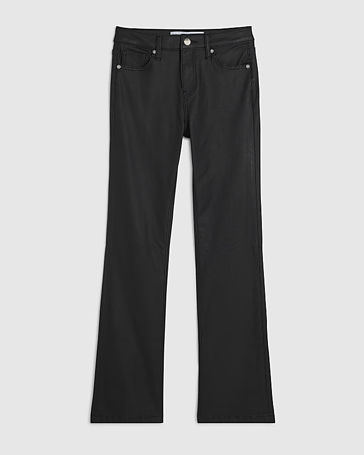 Black Mid Rise Split Coated Bootcut Jeans