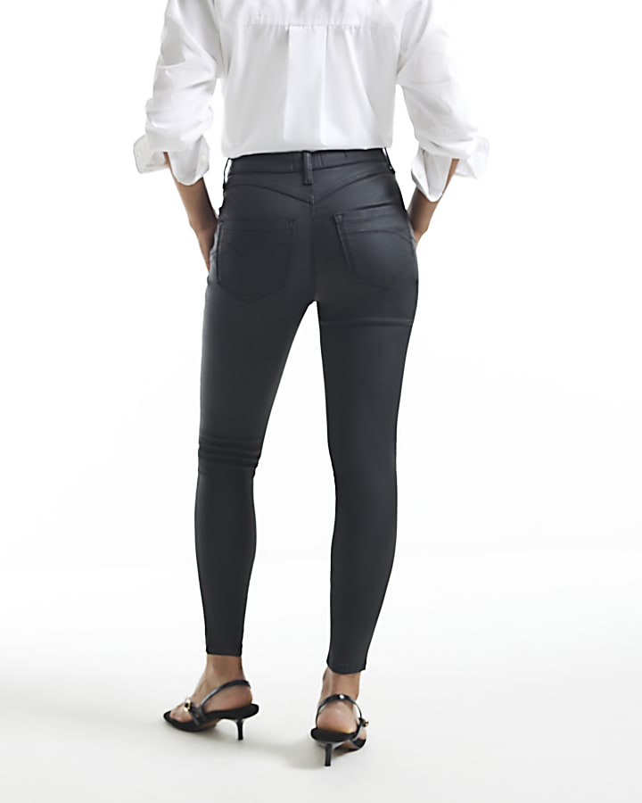 Petite Black Mid Rise Coated Skinny Jeans