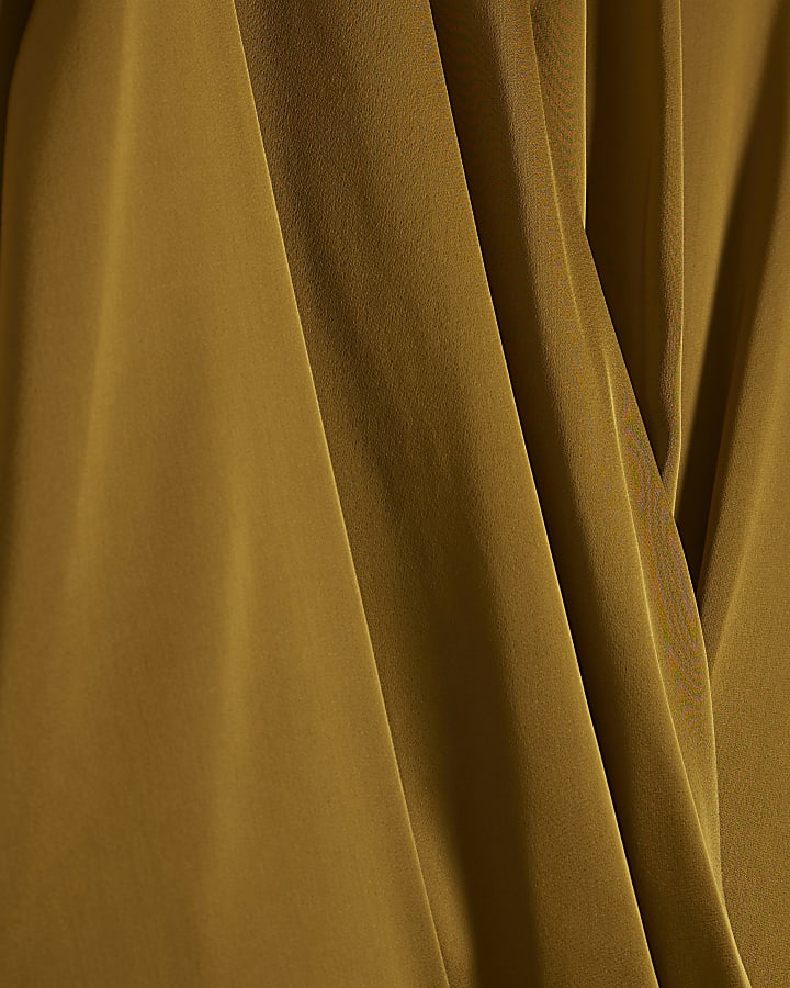 Khaki Wrap Front Satin Blouse