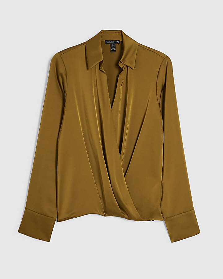 Khaki Wrap Front Satin Blouse