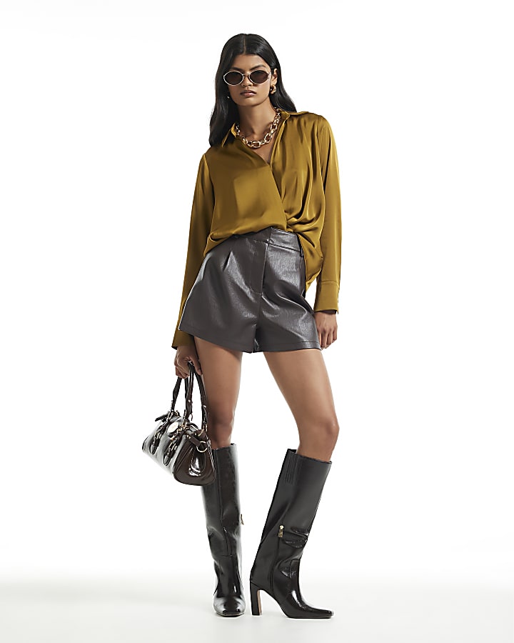 Khaki Wrap Front Satin Blouse