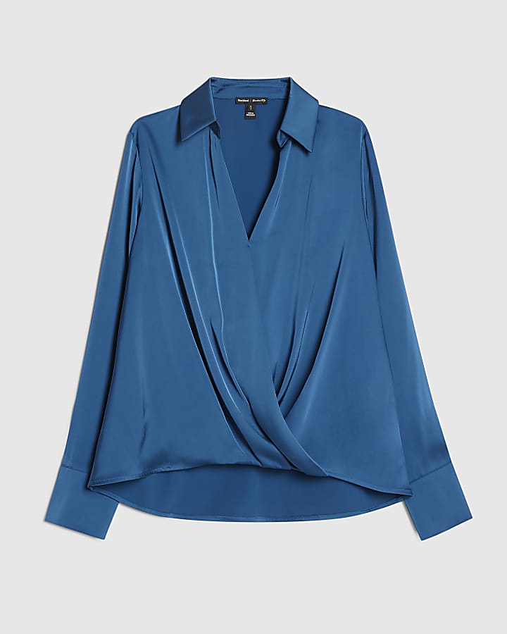 Blue Wrap Front Satin Blouse