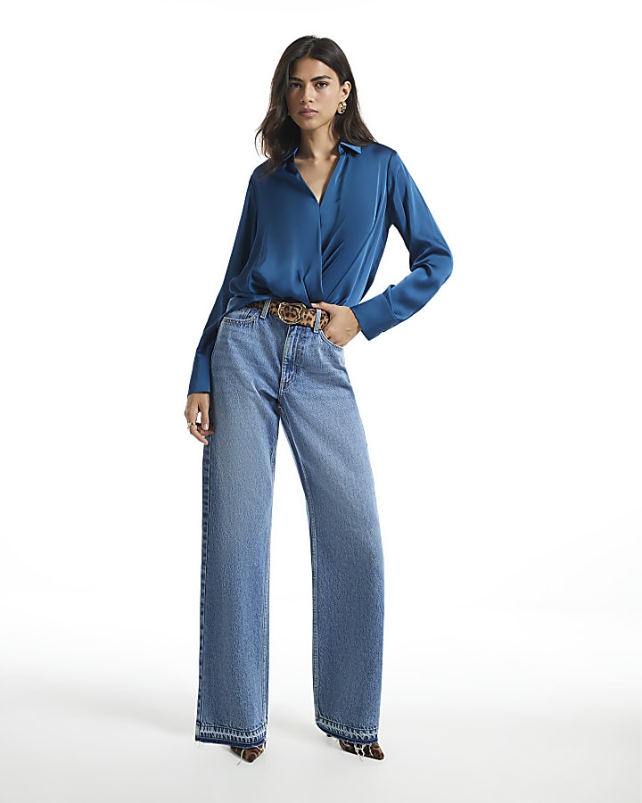 Blue Wrap Front Satin Blouse