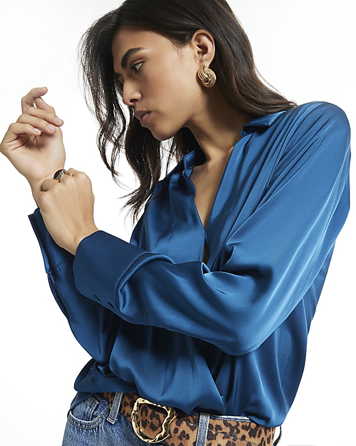 Blue Wrap Front Satin Blouse