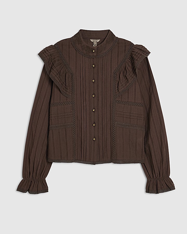 Brown Lace Ruffle Blouse
