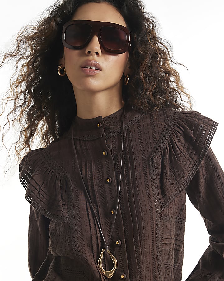 Brown Lace Ruffle Blouse