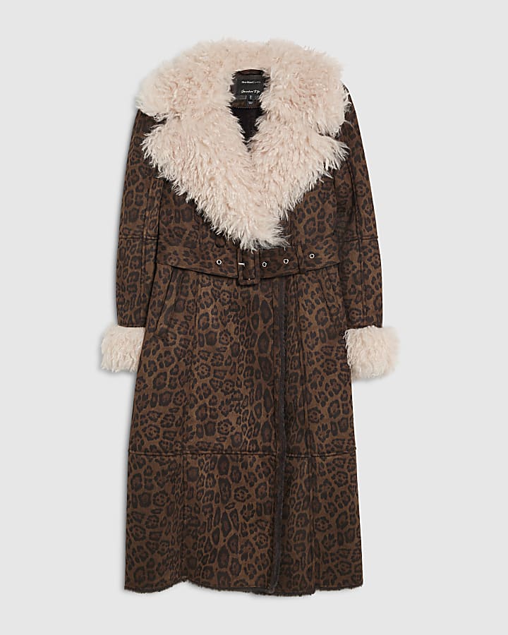 Brown Leopard Print Shearling Trench Coat