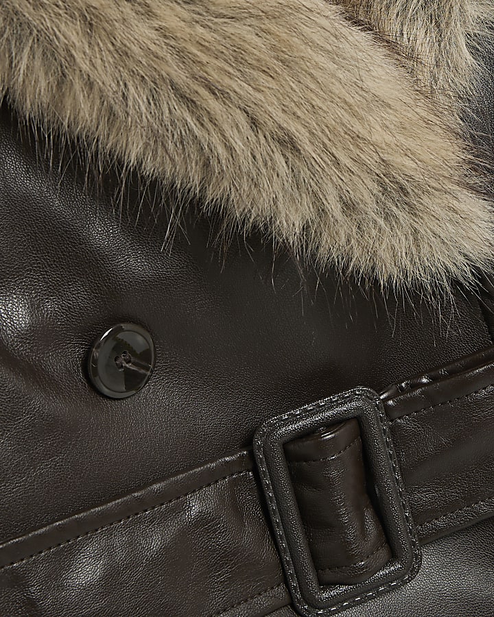 Brown Faux Fur Collar Cropped Trench Jacket