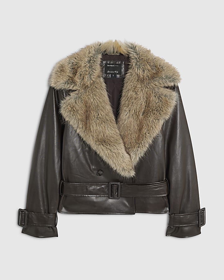 Brown Faux Fur Collar Cropped Trench Jacket