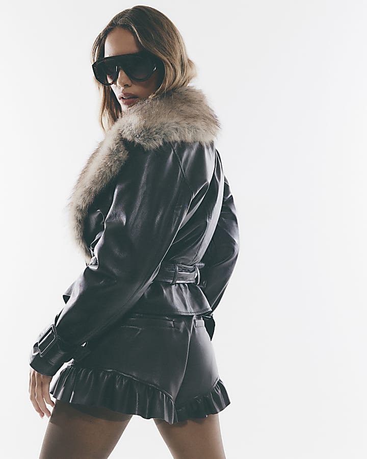 Brown Faux Fur Collar Cropped Trench Jacket