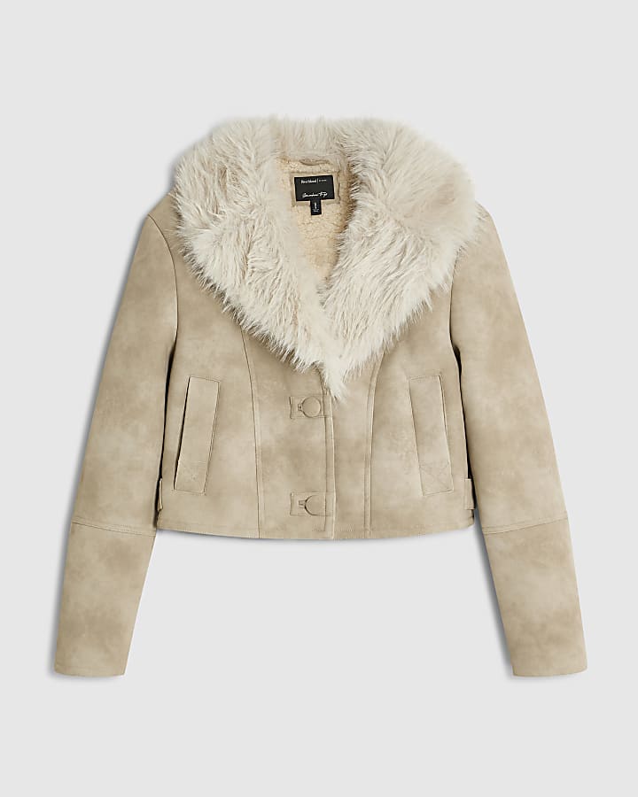 Beige Faux Fur Collar Shearling Crop Jacket