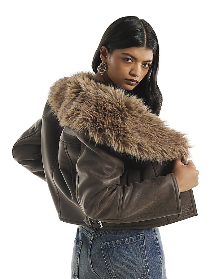 Brown Faux Fur Collar Bonded Crop Jacket
