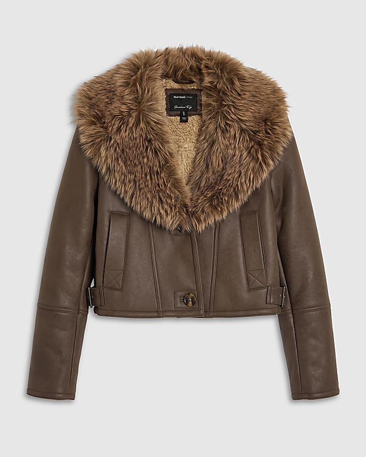 Brown Faux Fur Collar Bonded Crop Jacket