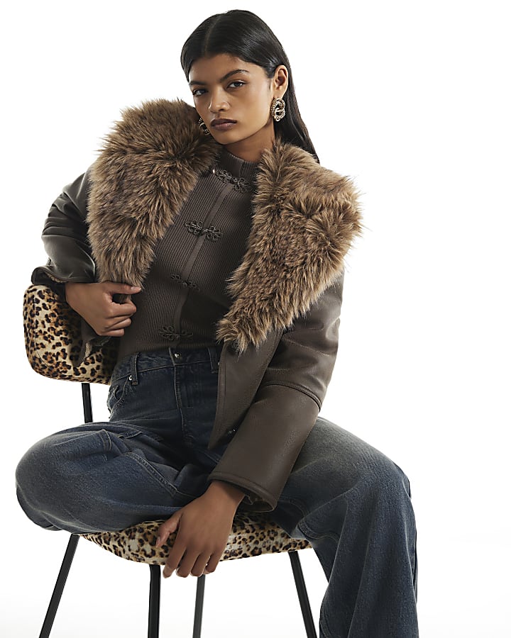 Brown Faux Fur Collar Bonded Crop Jacket
