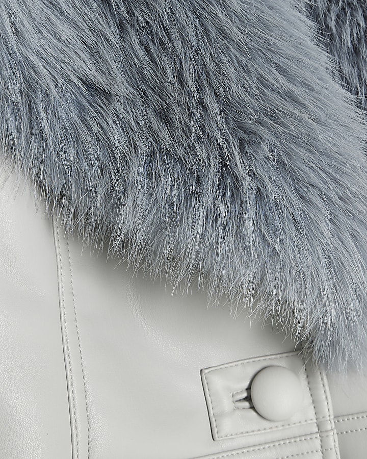 Grey Faux Leather Fur Collar Cropped Jacket