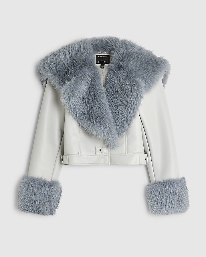 Grey Faux Leather Fur Collar Cropped Jacket