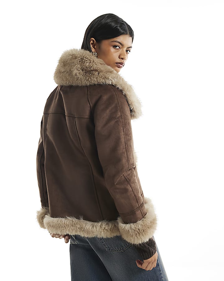 Brown Bonded Shawl Collar Button Jacket