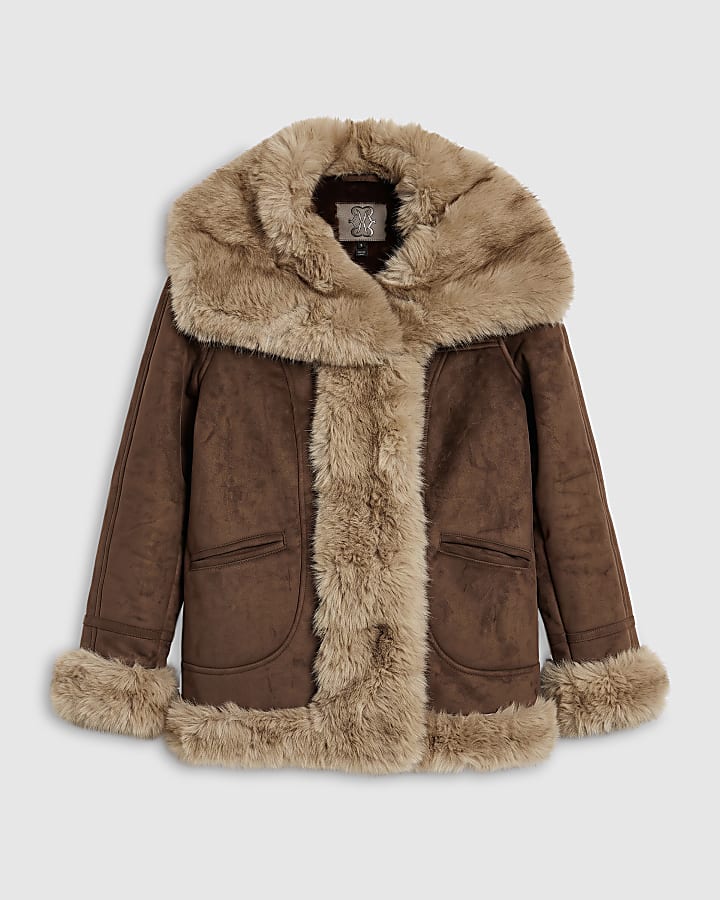 Brown Bonded Shawl Collar Button Jacket