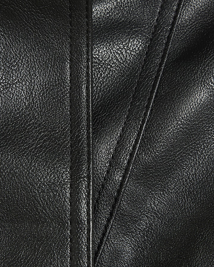 Black Faux Leather Belted Funnel Neck Jacket