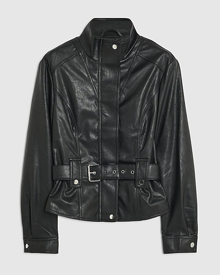 Black Faux Leather Belted Funnel Neck Jacket