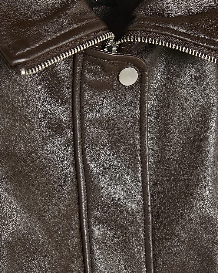 Brown Faux Leather Belted Funnel Neck Jacket