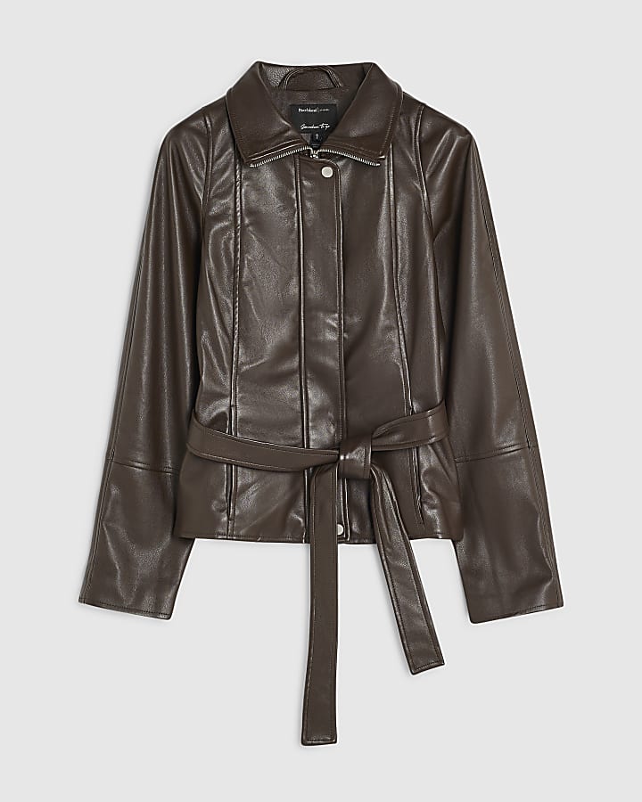 Brown Faux Leather Belted Funnel Neck Jacket