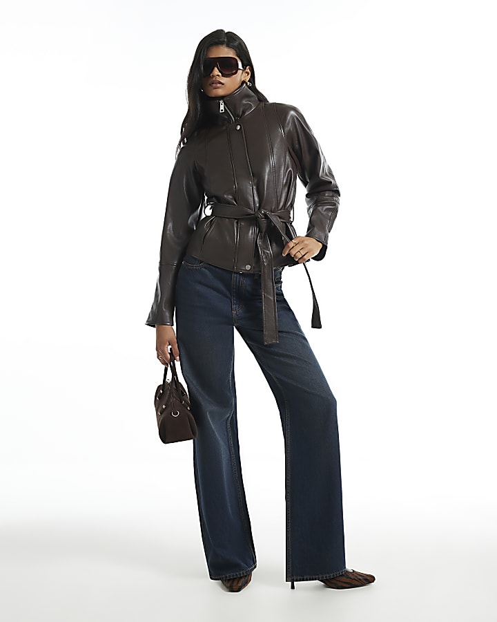 Brown Faux Leather Belted Funnel Neck Jacket
