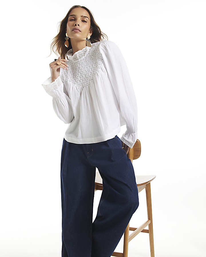 White Poplin Smock Blouse