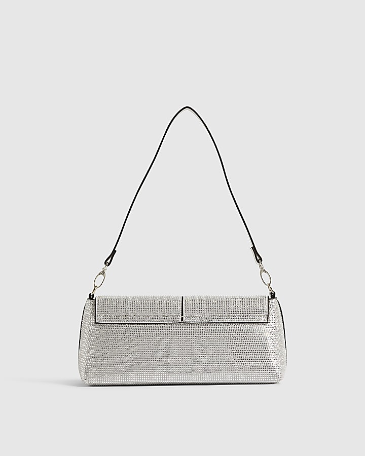 Silver Embellished Flap Over Clutch Bag