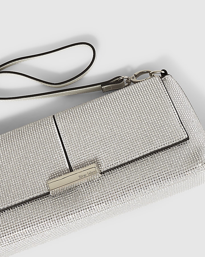 Silver Embellished Flap Over Clutch Bag