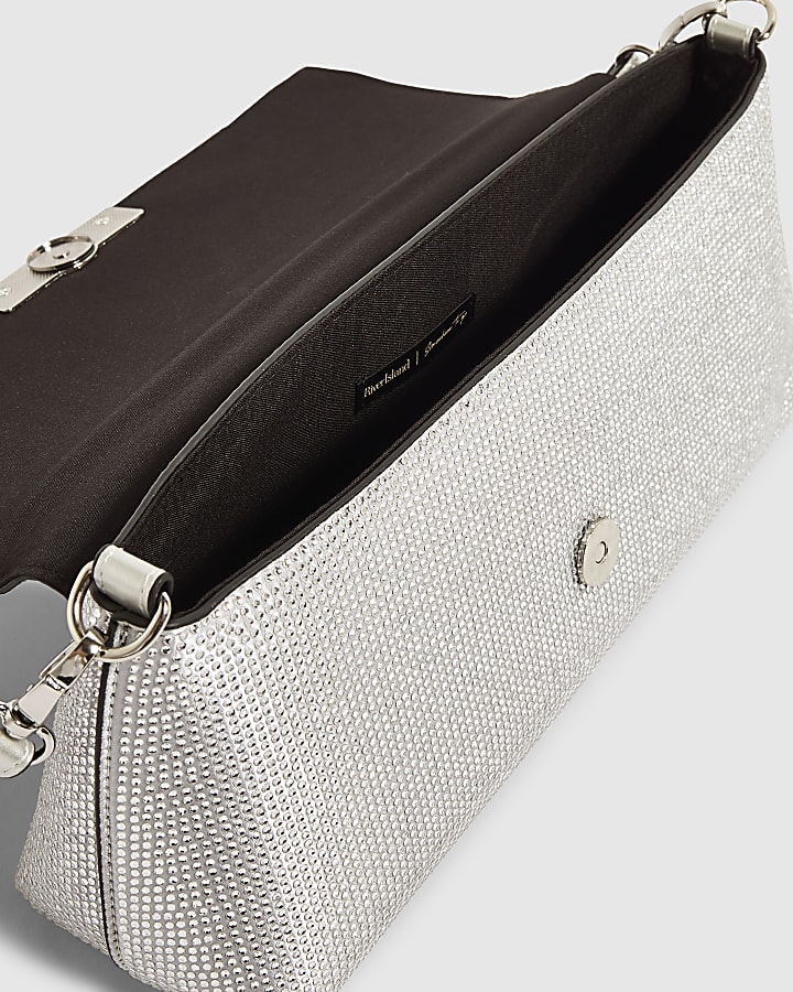 Silver Embellished Flap Over Clutch Bag
