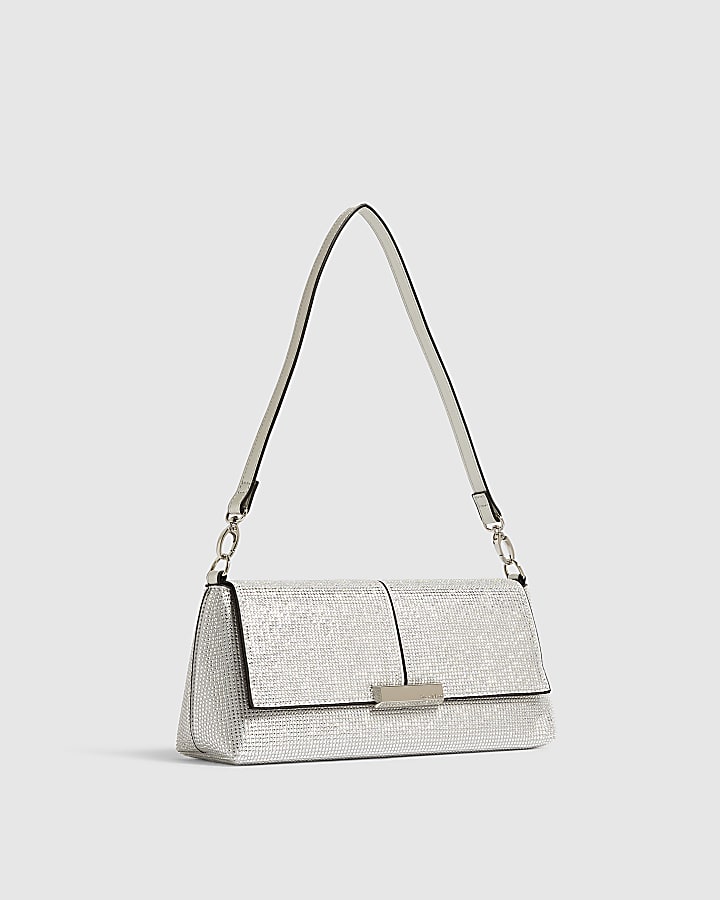 Silver Embellished Flap Over Clutch Bag