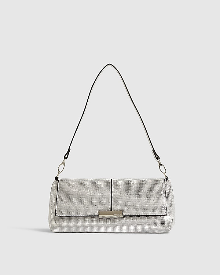 Silver Embellished Flap Over Clutch Bag