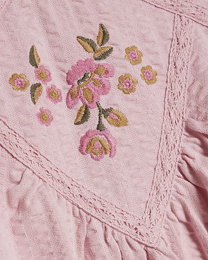 Pink Cotton Floral Embroidered Textured Top